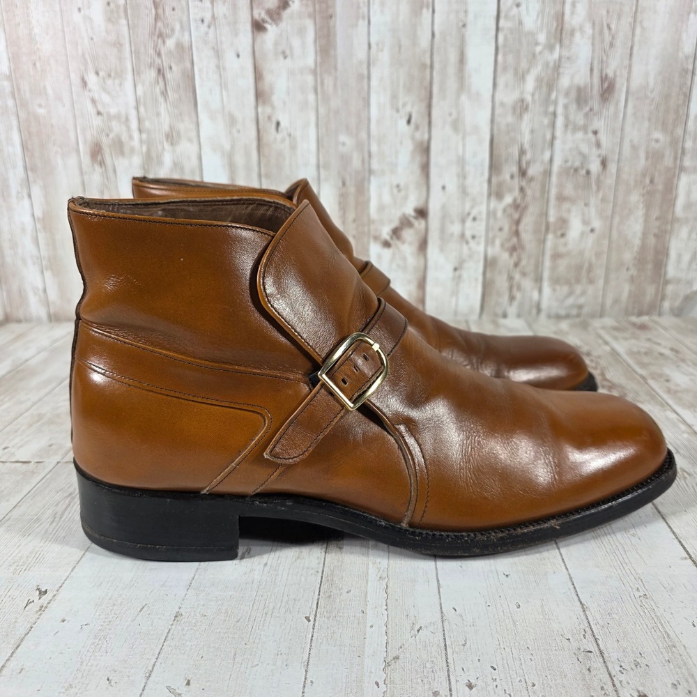 Vintage Mens Cognac Leather Monk Strap Ankle Boots Size 12 D Brown Buckle Boot